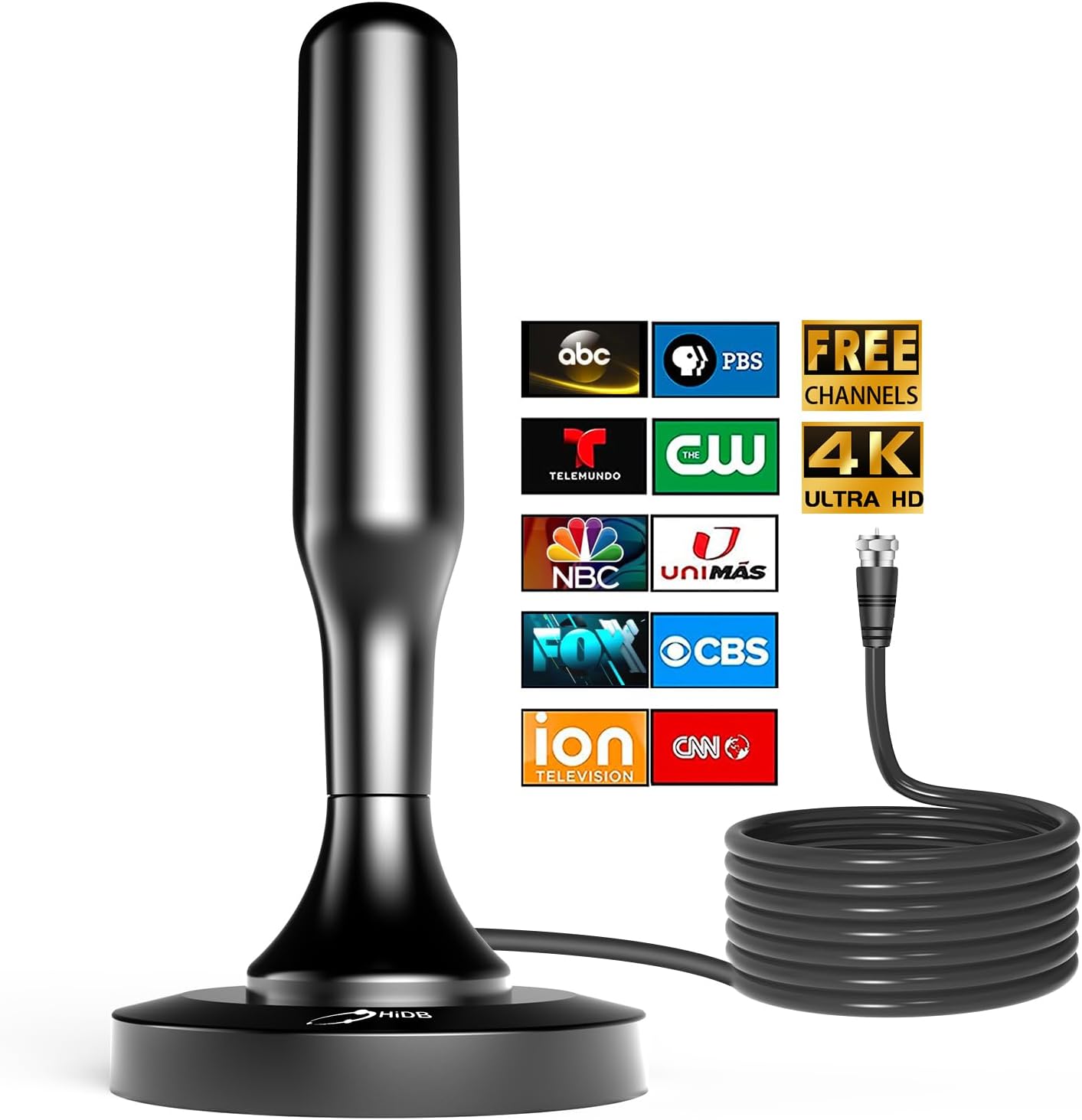 TV Antenna for Smart TV Indoor, Digital Indoor TV Antenna for Local Channels with Strong Magnetic Base, Easy Installation, Long Range Reception, 4K HD 1080P, 10ft Cables