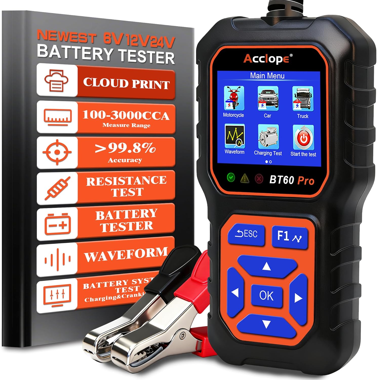 BT60 PRO Car Battery Tester 6V/12V/24V, 2–120Ah, 100–3000 CCA, Alternator & Starter/Charging System Analyzer, Automotive Load Test, QR Cloud Report (No App), for Car Truck Motorcycle Marine/RV
