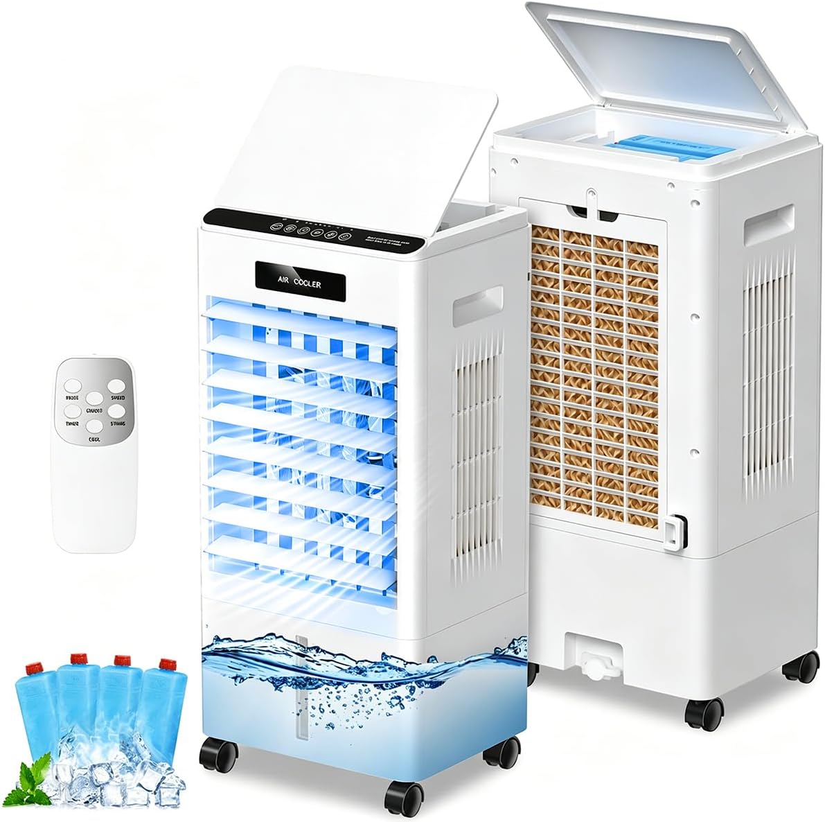 Portable Air Conditioners, 3-in-1 AC Cooling Fan 3 modes 3-Speed with Remote Control & 4 Ice Boxes, Evaporative Air Cooler with 8L Tank 20H Cooling, for Home, Bedroom, Kitchen (White)