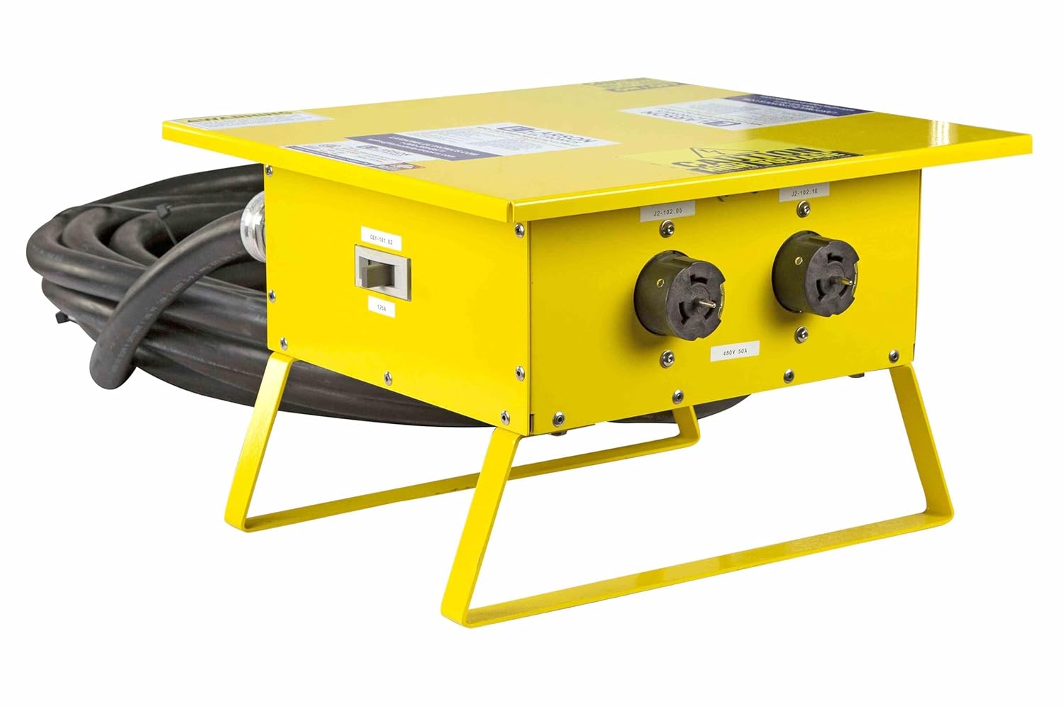 Portable Spider Box - 480V Delta Input - (2) 30A Receptacles - Steel/Safety Yellow - 30' #4/4 AWG Type SOOW Input Cord