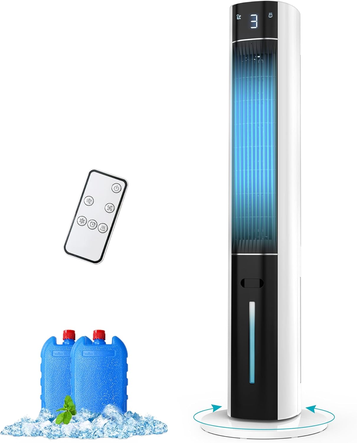 Evaporative Air Cooler - Swamp Cooler with 3L Water Tank, 3 Modes & 3 Speeds, Remote Control, 12H Timer, 50° Oscillating Portable Bladeless Cooling Tower Fan For Room Bedroom Office