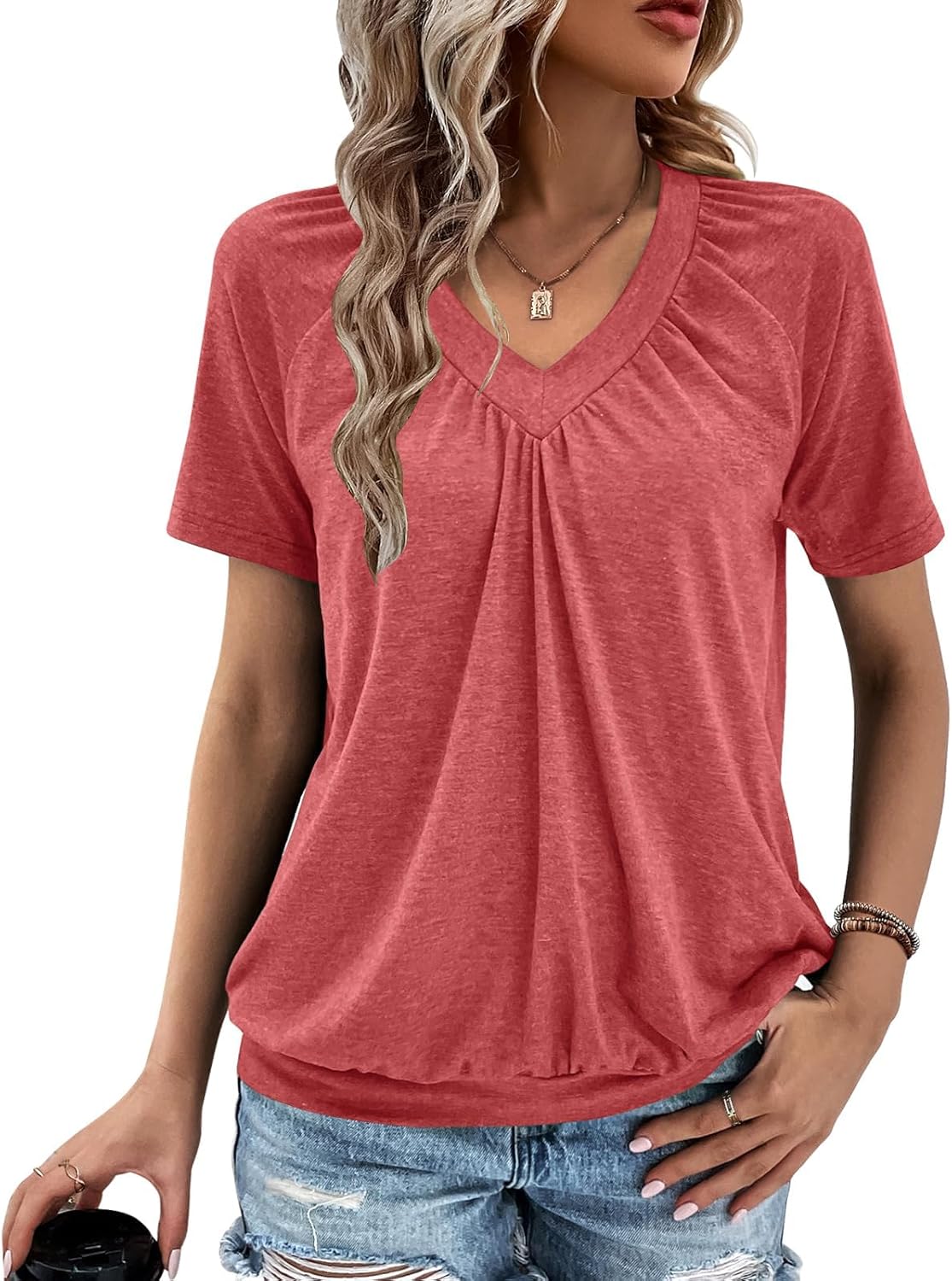 Gihgoew Summer Tops for Women 2025 Shorts Sleeve Womens Tops,V Neck Soft Casual Loose Fit Ruched Top T Shirts Tee Clothes
