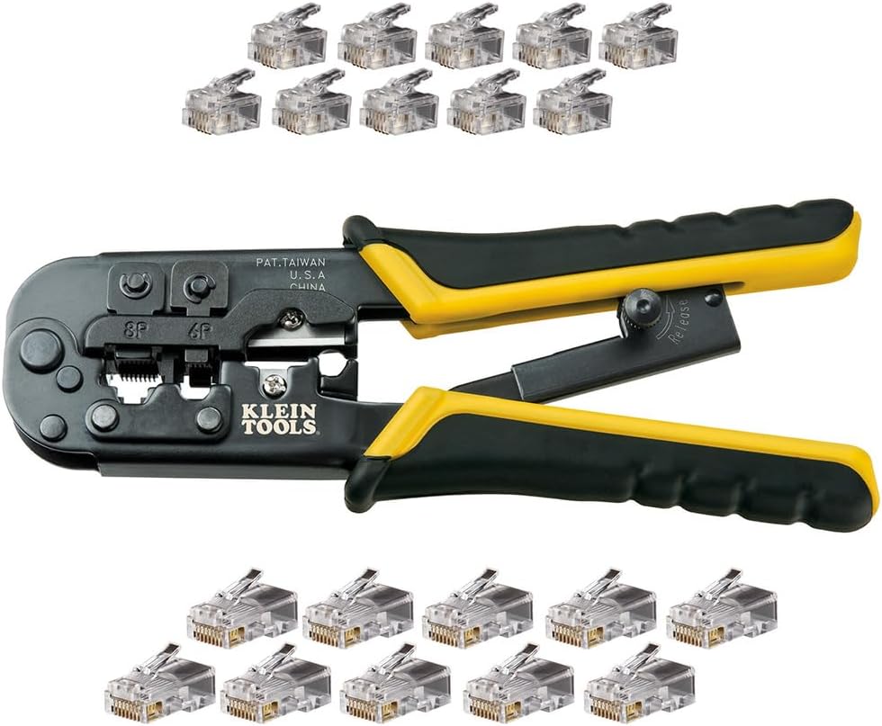 Klein Tools VDV226-817 Modular Installation Kit, Ratcheting Crimper/Stripper, RJ11/RJ45 Plugs, CAT5e Connector, for Voice/Data/Video