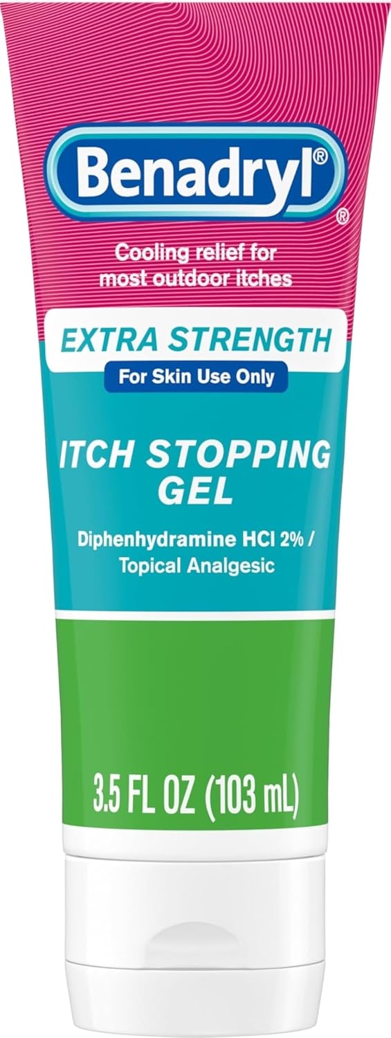 Benadryl Topical Itch Relief Gel, Extra Strength, Contains 2% Diphenhydramine HCl, Soothing Relief from Scrapes, Insect Bites, Sunburn and More, Great for Outdoors, 3.5 fl oz
