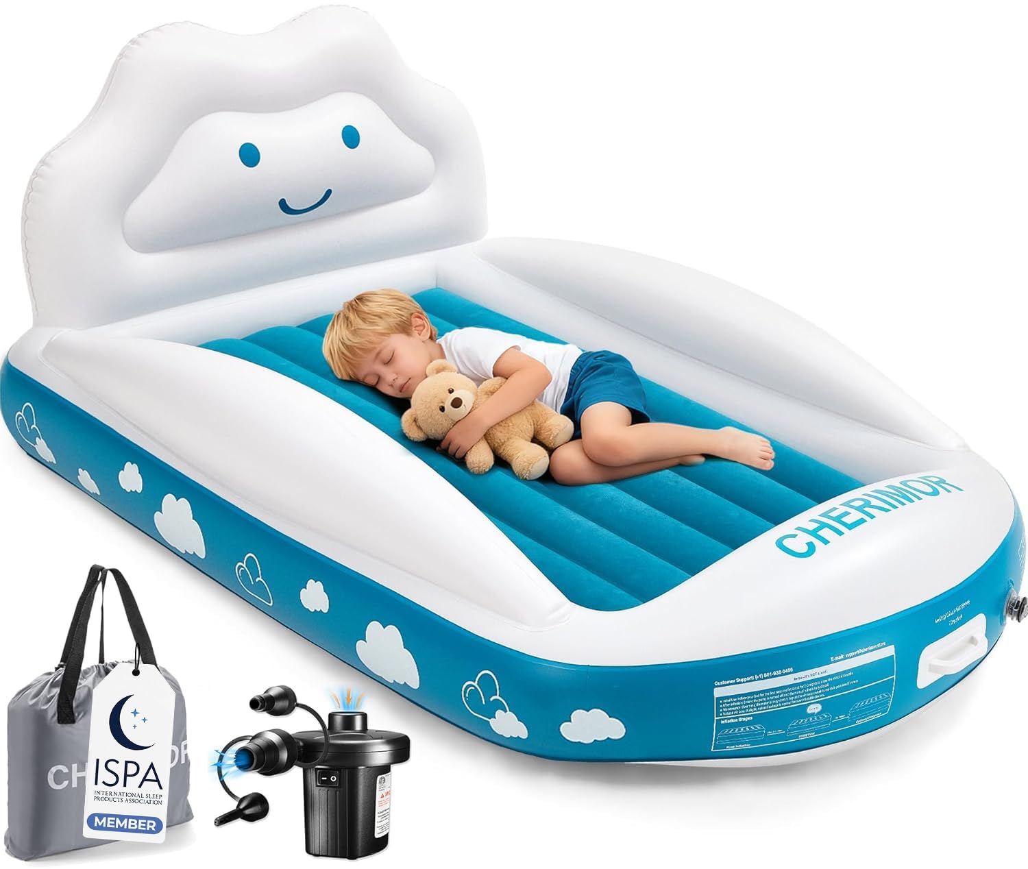 CHERIMOR Inflatable Toddler Travel Bed, Portable Toddler Bed with 4-Sides Safety Bumpers & Fast Auto Inflation Pump, Kids Air Mattress for Travel Camping, Grandma's Home Sleepovers Blow Up Mattress