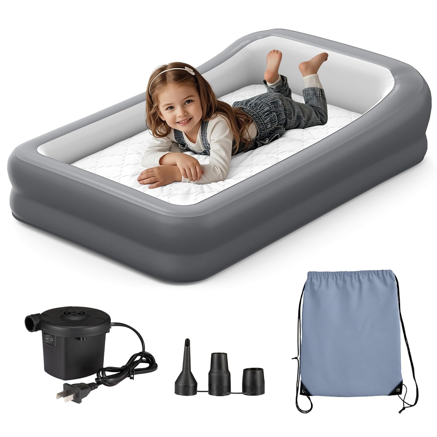 Toddler Travel Bed - Inflatable Kids Air Mattress with Surround Safety Bumpers & Soft Cotton Sheet, Portable 63" Rest Solution for Grandparents House, Camping or Transitioning