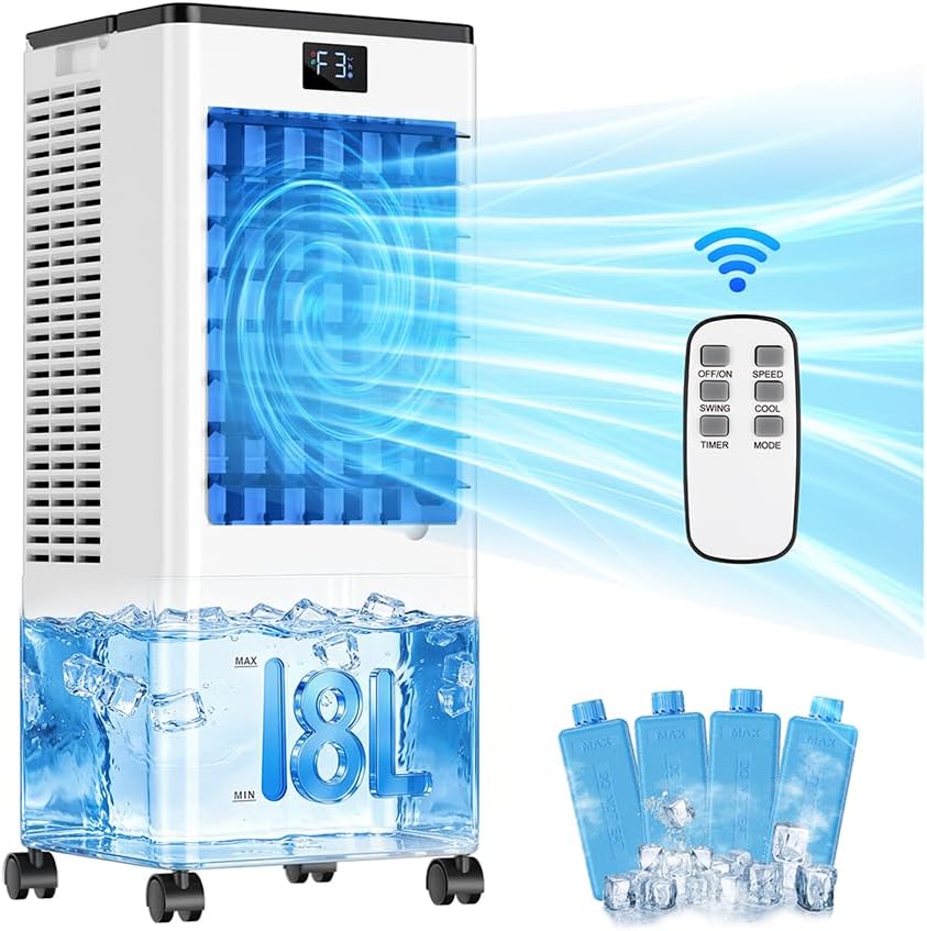 Portable Air Conditioners, 8L Evaporative Air Cooler with Remote and LED Display, 60W Energy-Efficient, 3 Speeds & 4 Modes, 12H Timer, 120°Oscillation, Portable AC Units for Rooms Bedroom Home Office