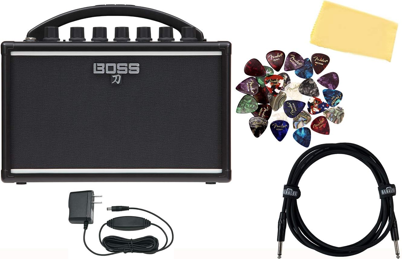 Boss Katana Mini Guitar Combo Amplifier Bundle with Gearlux Power Supply, Instrument Cable, Austin Bazaar Exclusive 24-Pack Picks, and Polishing Cloth