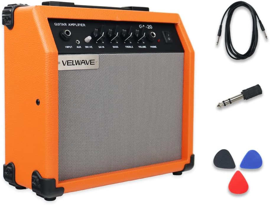 Electric Guitar Amplifier 20W Orange Portable Smart amp 6.5'' Speaker 6.5mm Input 3.5mm aux Drive gain bass Treble Volume and Headphone Jack Practice amp