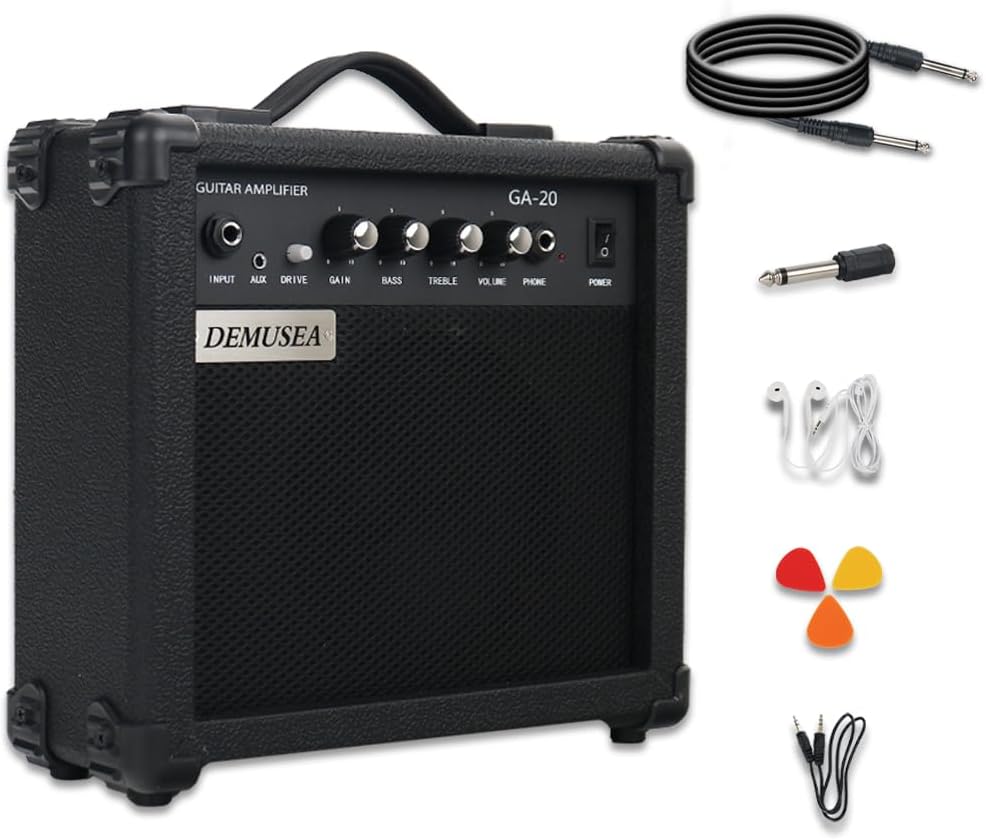 Electric Guitar Amplifier 20w Guitar Amp Starter Beginner Practice Small Portable Travel Headphone Aux Distortion Gain Treble Bass Volume Noiseless Cable Adapter Pick Aux Cable Earphone (BK)