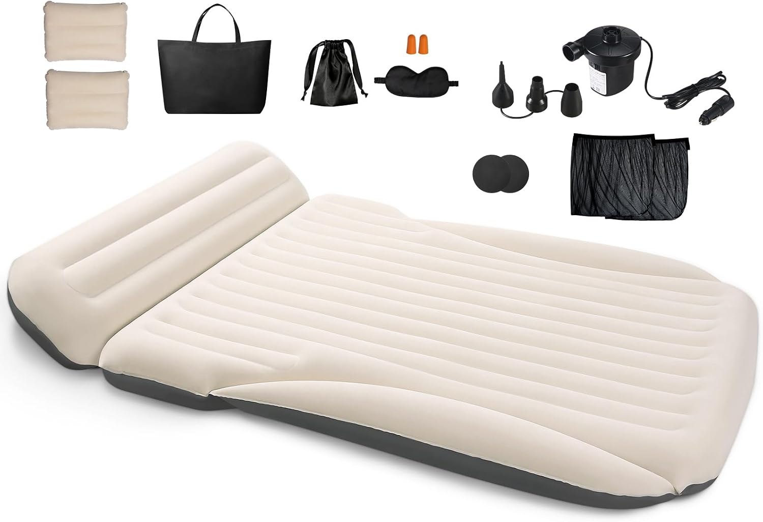 SUV Air Mattress for Car Camping - 6" Leakproof Inflatable Car Bed with Pillow & Electric Pump, Flocked Surface Travel Mattress for Trunk, Road Trip, Minivan, MPV -White + Gray