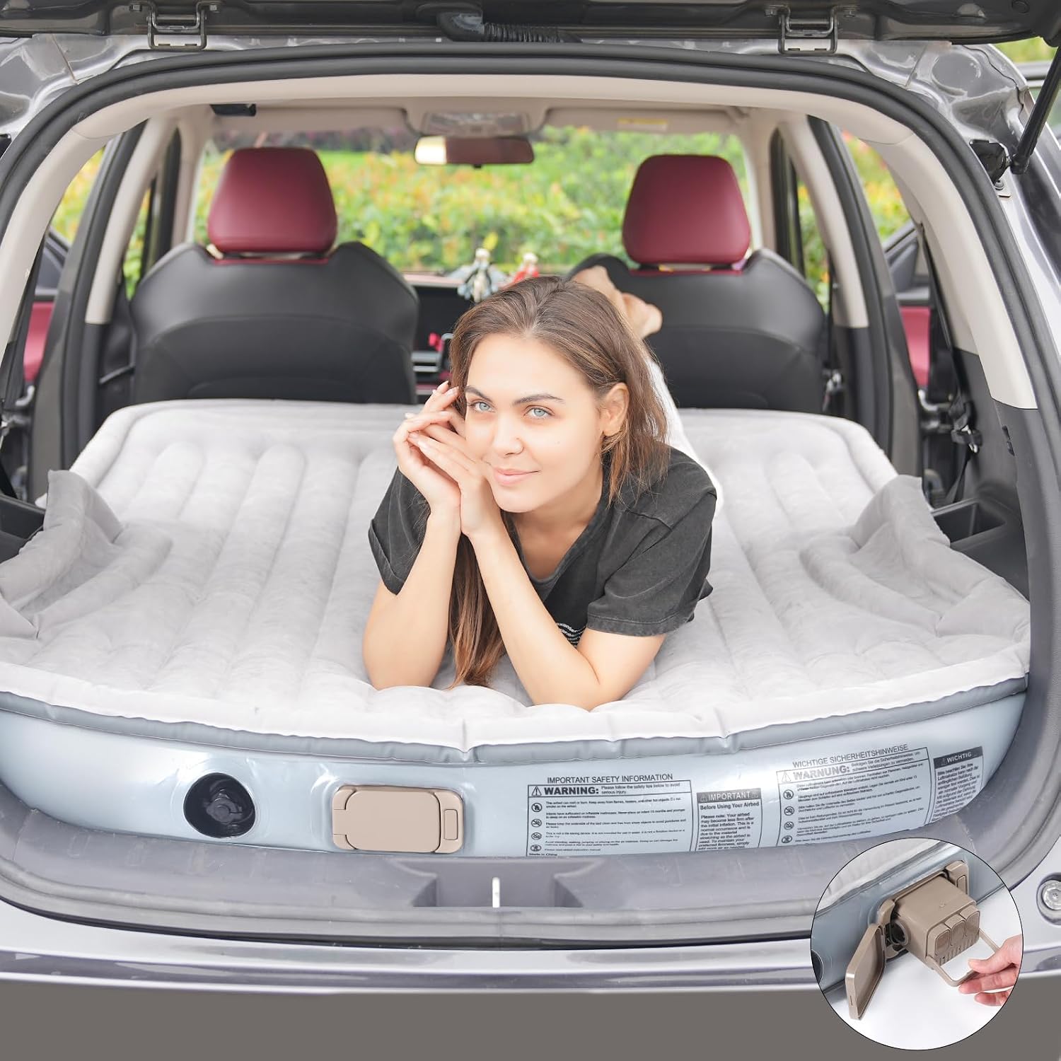 Portable SUV Air Mattress - Built-in Electric Pump for Fast Inflation - Soft Flocked Surface Car Bed - Ideal for Road Trips & Outdoor Camping - Grey
