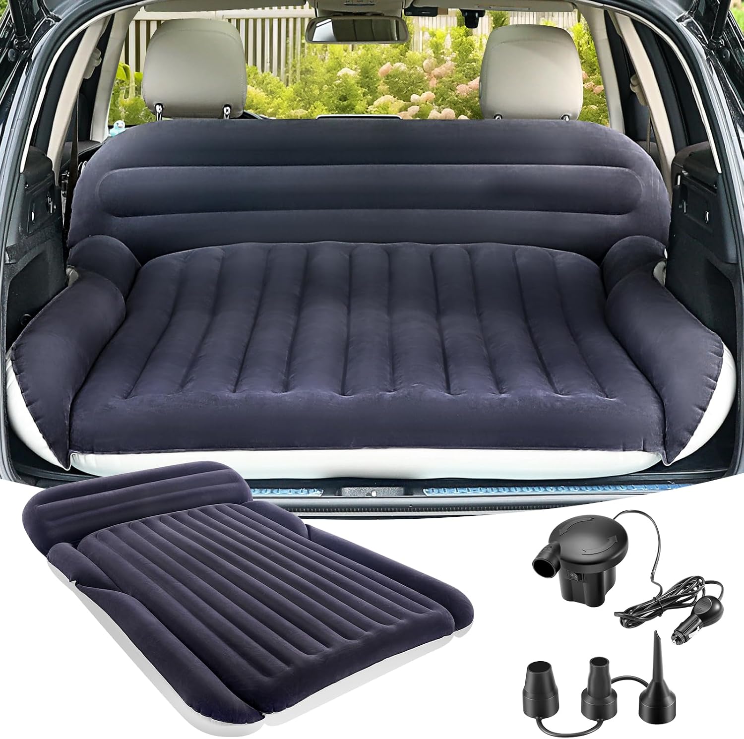 SUV Air Mattress with 2 Pillows – Thickened and Flocked Car Bed – Portable Travel Pad for Camping & Road Trips – Quick Inflate & Deflate with External Pump – Navy Blue+Light Gray