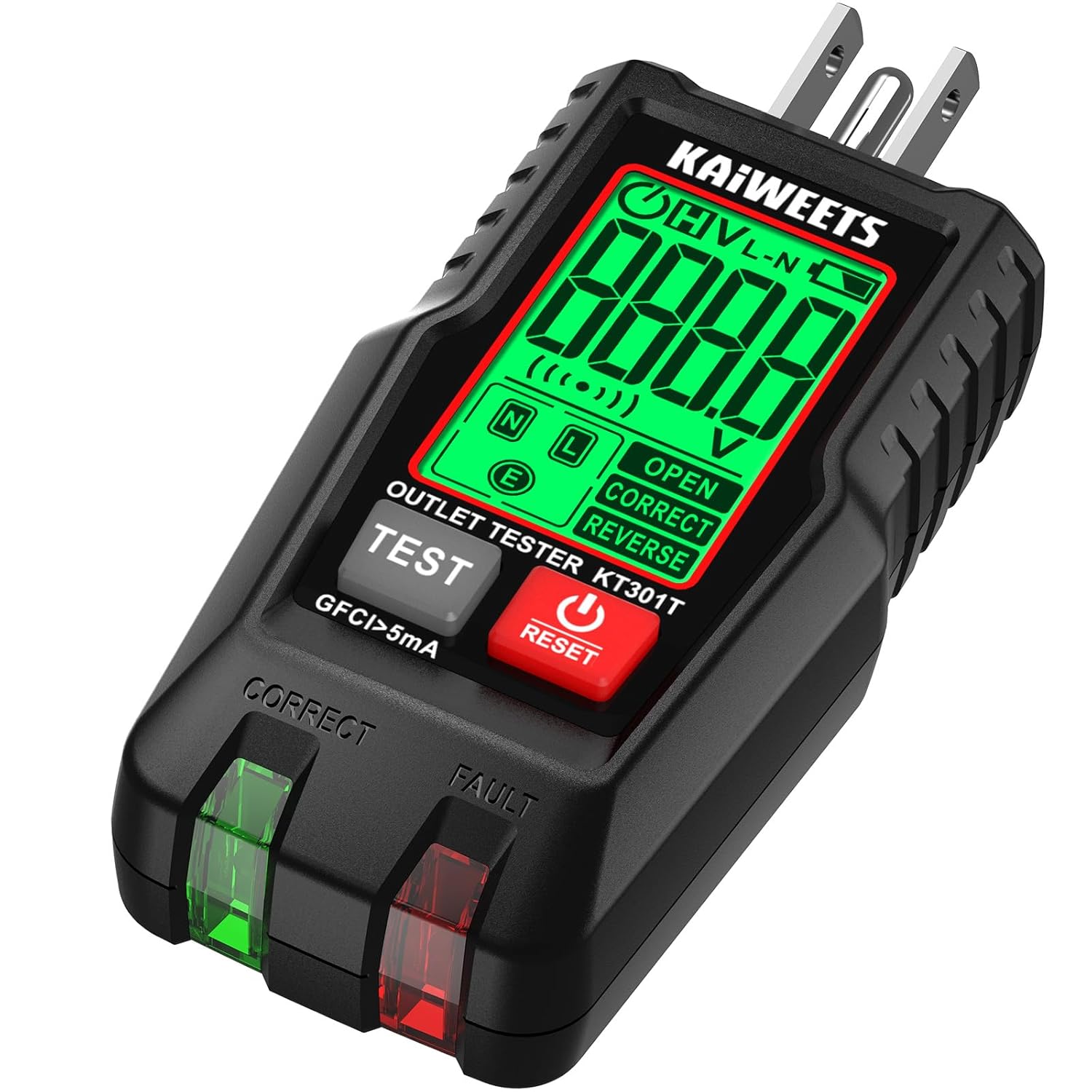 KAIWEETS GFCI Outlet Tester with LCD Display, 3-Prong Receptacle Wiring Detector, Voltage Socket Checker, Auto Hold, Electrical Diagnostic Tool for 120V AC Home Outlets