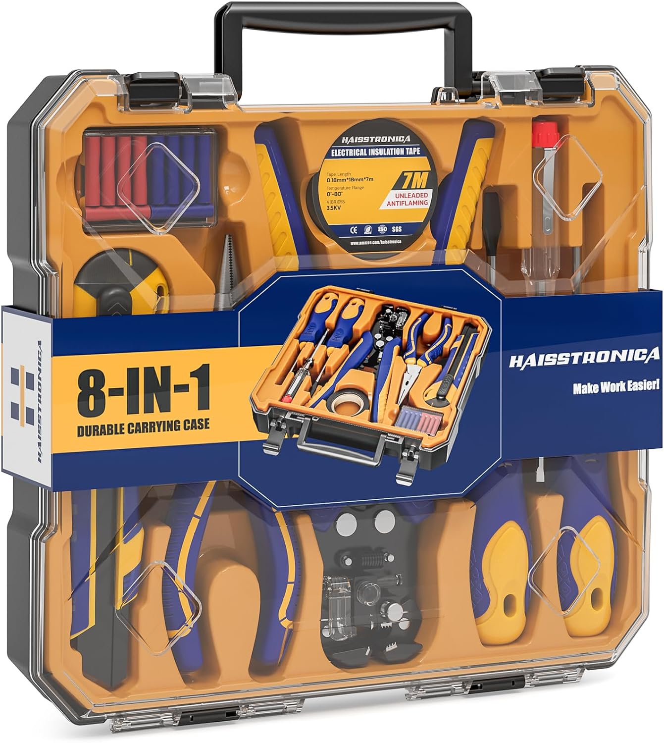 haisstronica 8 IN 1 Self-Adjusting Wire Stripper Household Tool Kit, Professional Electrician Tool Set, Needle Nose Pliers, Screwdriver, Voltage Detector Pen, Knife, Insulating Tape, Wire Connectors