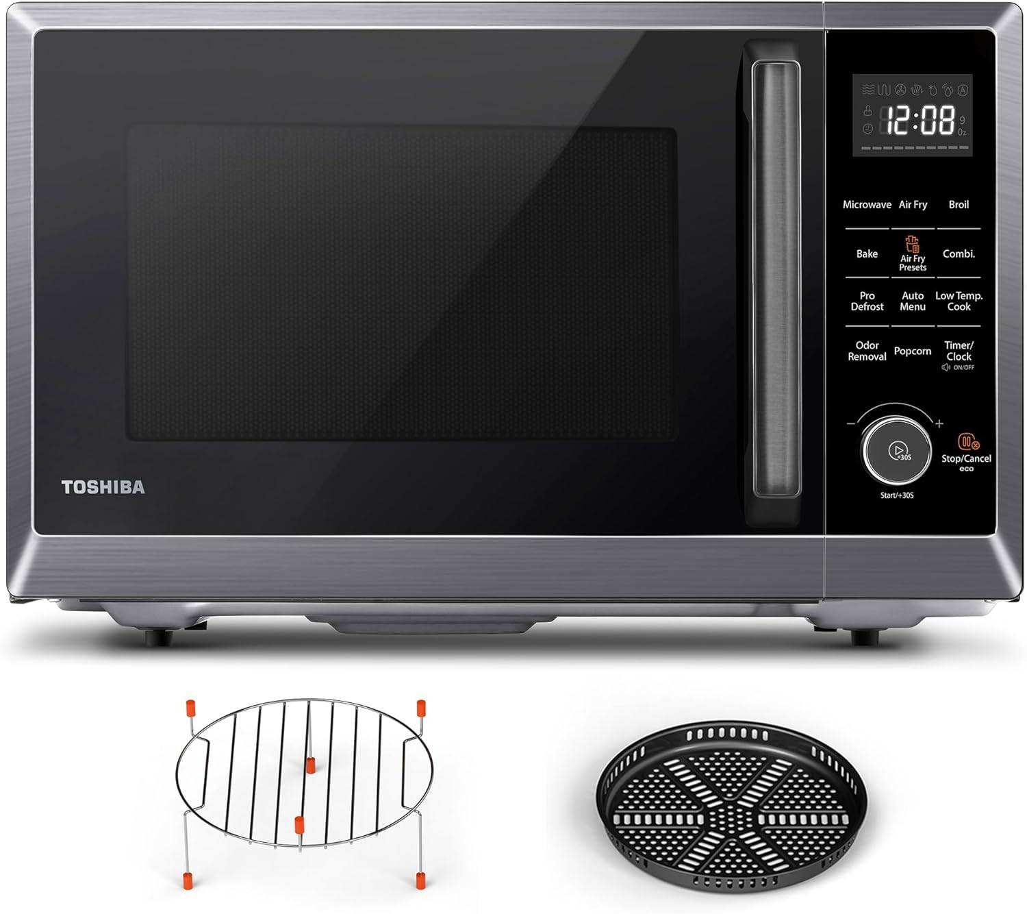 TOSHIBA Air Fryer Combo 8-in-1 Countertop Microwave Oven, with Convection, Broil, Odor Removal Mode, 12.4" Position Memory Turntable, Child-Lock, 1.0 Cu.ft, Black Stainless Steel, ML2-EC10SA(BS) A