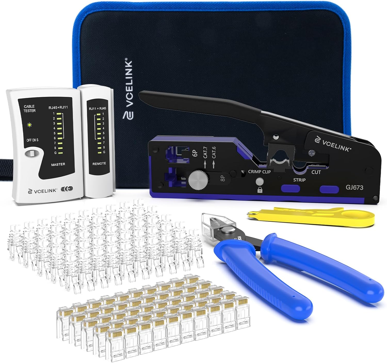VCELINK RJ45 Crimp Tool Kit for CAT7/6A/6/5E/5, Upgraded Network Tool Set with an Ethernet Crimper, 50 RJ45 Connectors & Boots, Cable Tester, Wire Stripper and Cutter in a Cloth Bag, Blue