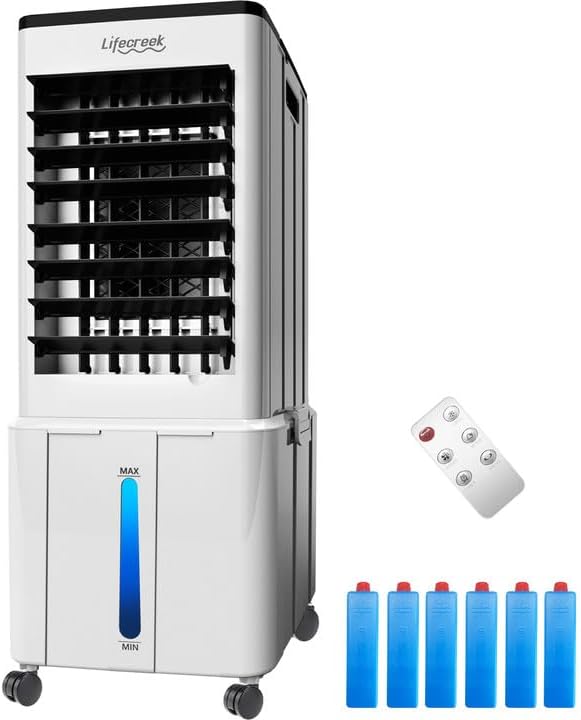Lifecreek Portable Air Conditioner, 3-in-1 Evaporative Air Cooler with 3.2 Gal Water Tank, Windowless Portable AC Fan with 6 Ice Packs, Remote, 12H Timer, 3 Speeds, 4 Modes for Room Bedroom Office