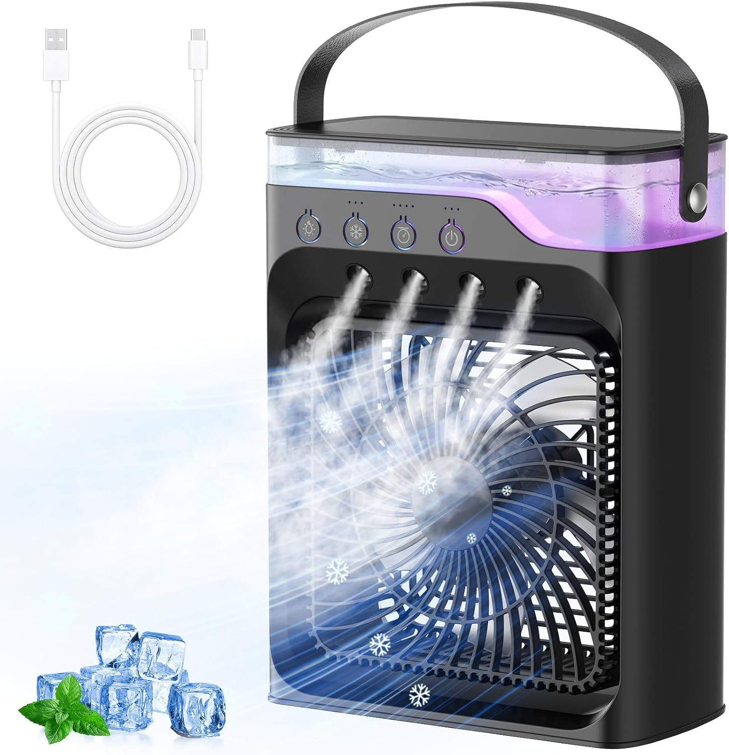 Portable air Conditioners, Personal Cooling Fan with 120° Oscillation, 3 Wind Speed & 4 Sprays, 2/4/6/8H Timer, Multi-Color Light, 3 in 1 Desktop Mini AC Unit for Car, Bedroom and Camping(Black)