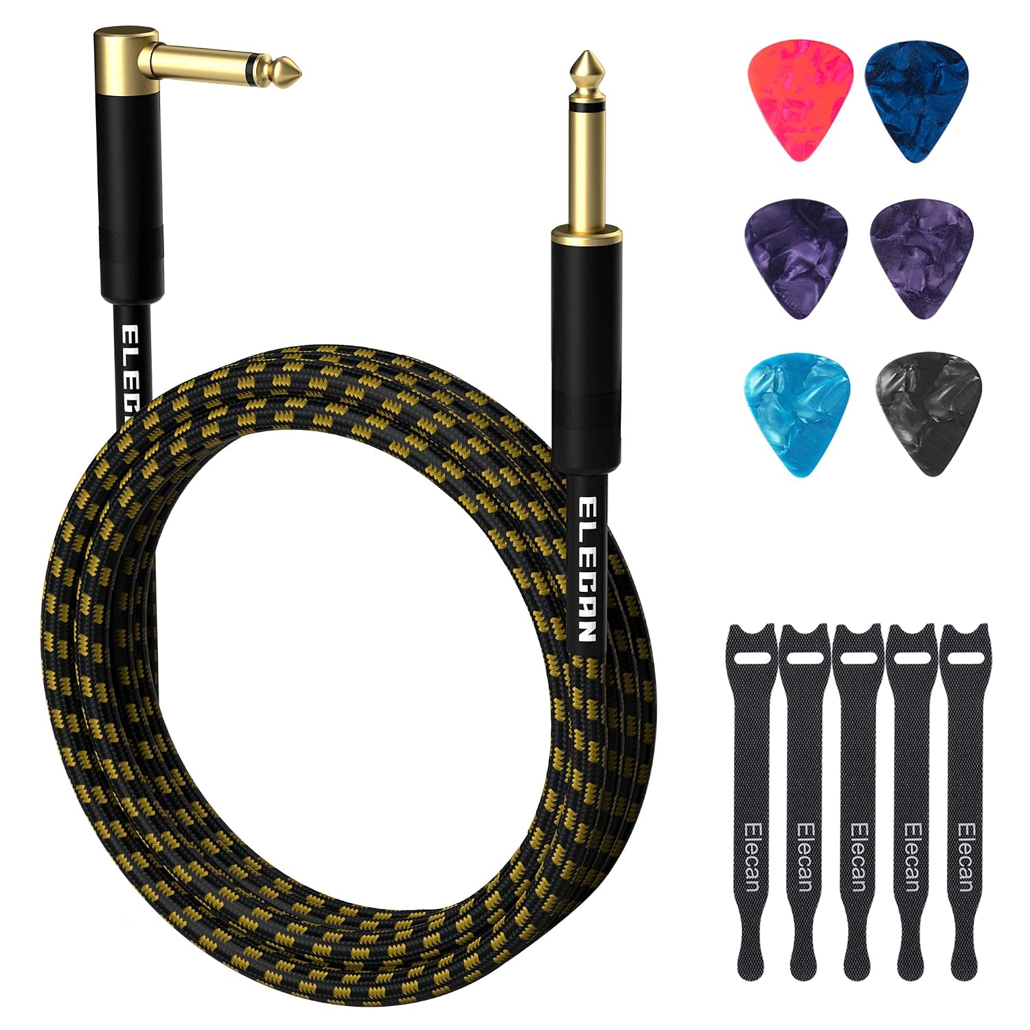 Guitar Cable 20 Feet -Right Angle to Straight Instrument Cable-Gold Plated Nylon Braided-90 Degree 1/4 Inch TS Professional Electric Bass Cord Amp Cable 6.35mm Male with 6 Guitar Picks+5 Ties
