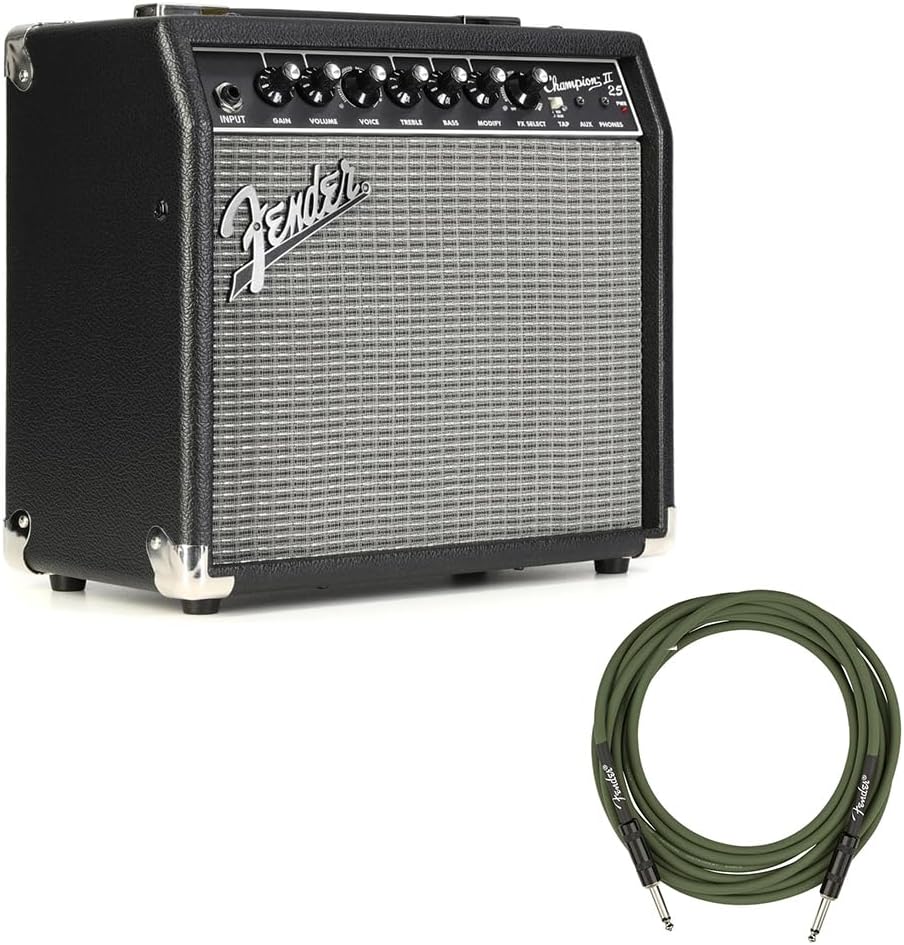 Fender Champion II 25 Guitar Amp, 25 Watts Bundle with Fender Joe Strummer Instrument Cable (13ft) Straight/Straight, Drab Green
