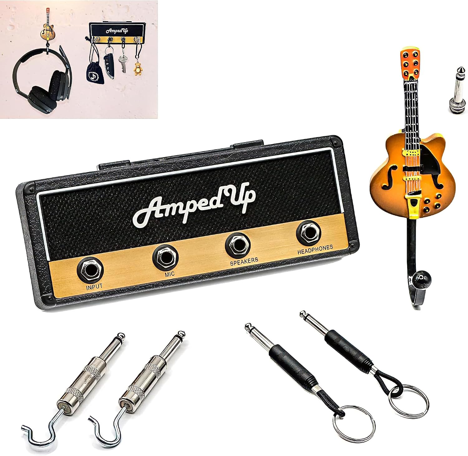 Wall Mounted Guitar Amplifier Style Key Hanger and Key Chain Holder, Speaker Style with Acoustic Guitar Coat Hook and 4 Amp Plugs Gift for Musicians