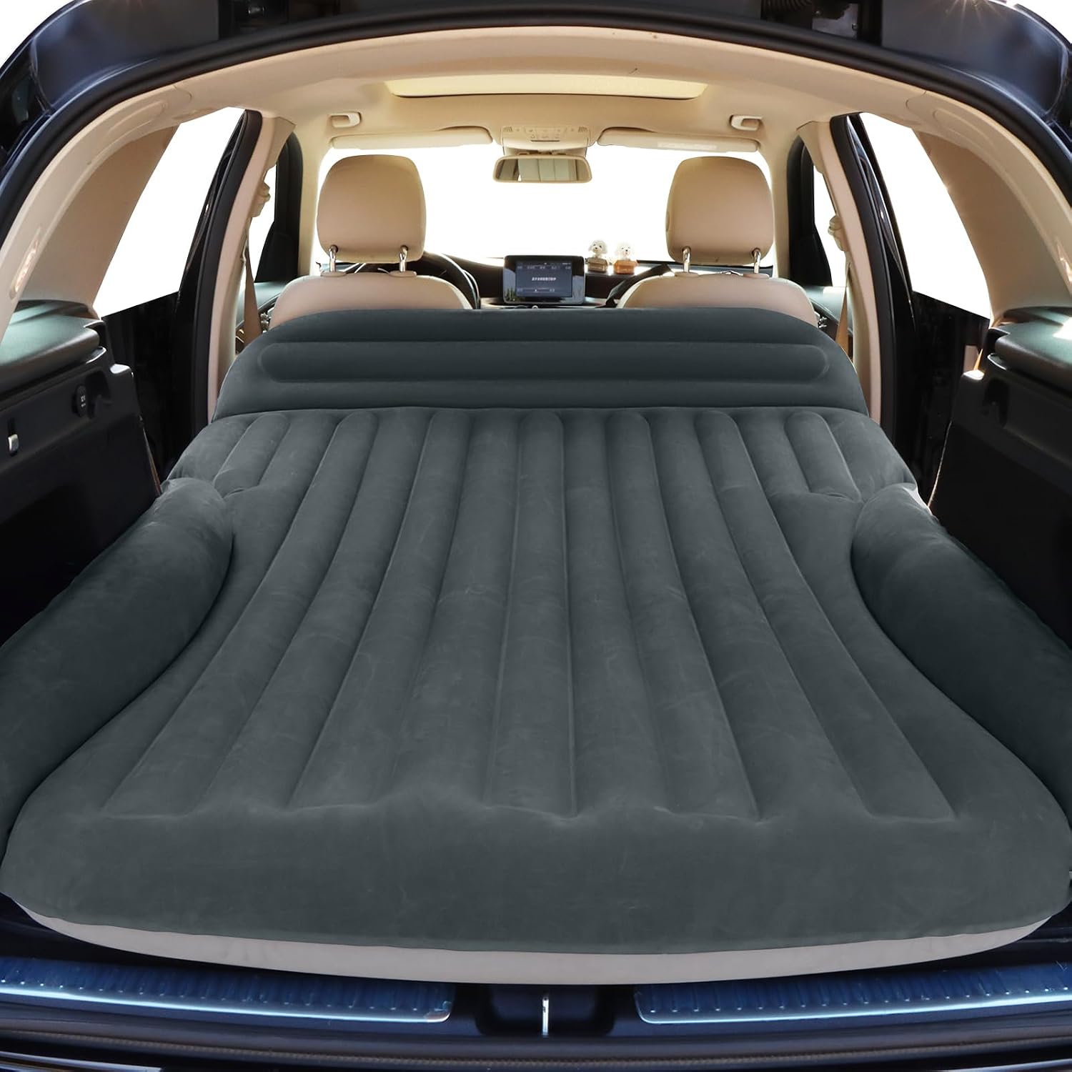 SUV Air Mattress, Double-Sided Thick Flocked Car Air Mattress with Built-in Pump & Pillow, Complete Sleeping Accessories for Auto Camping & Road Trips（Green+Charcoal）