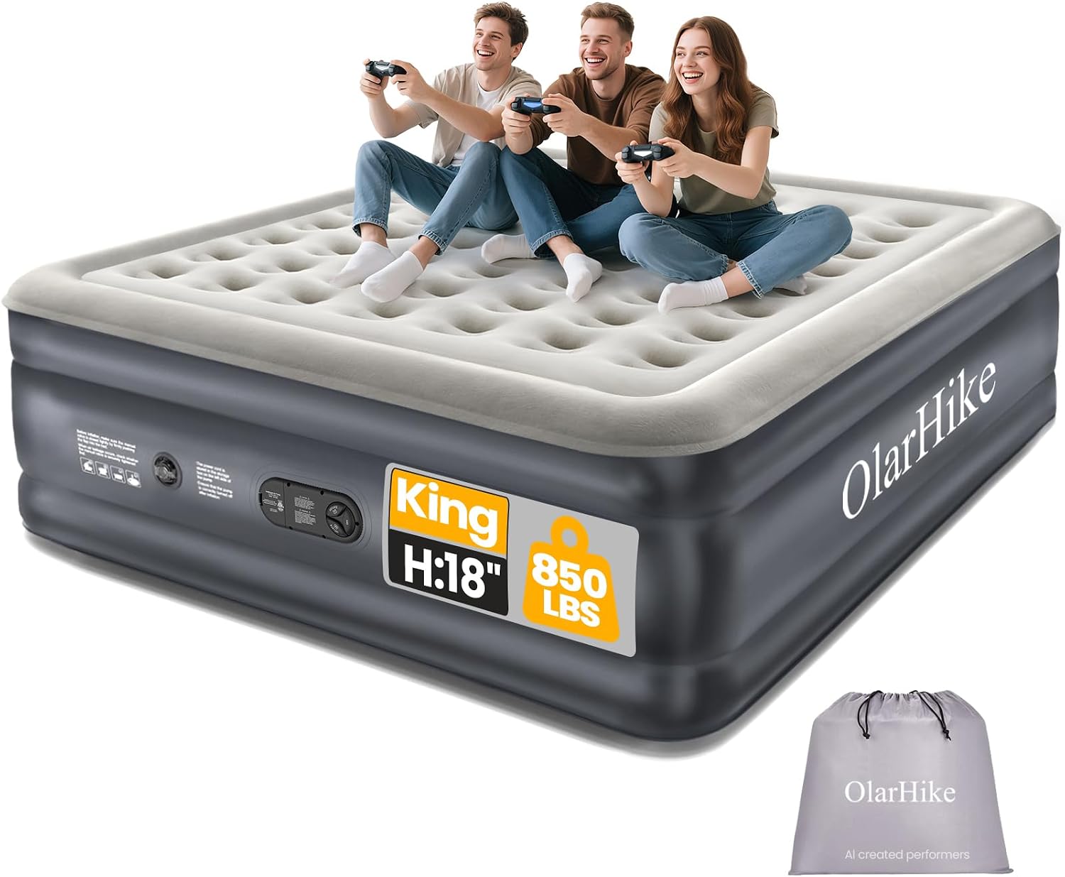 OlarHike King Size Air Mattress with Built-in Pump, 18" Extra-Wide Raised Inflatable Air Bed for Home and Guests, Heavy-Duty Support for 2-4 Sleepers Up to 850 lbs