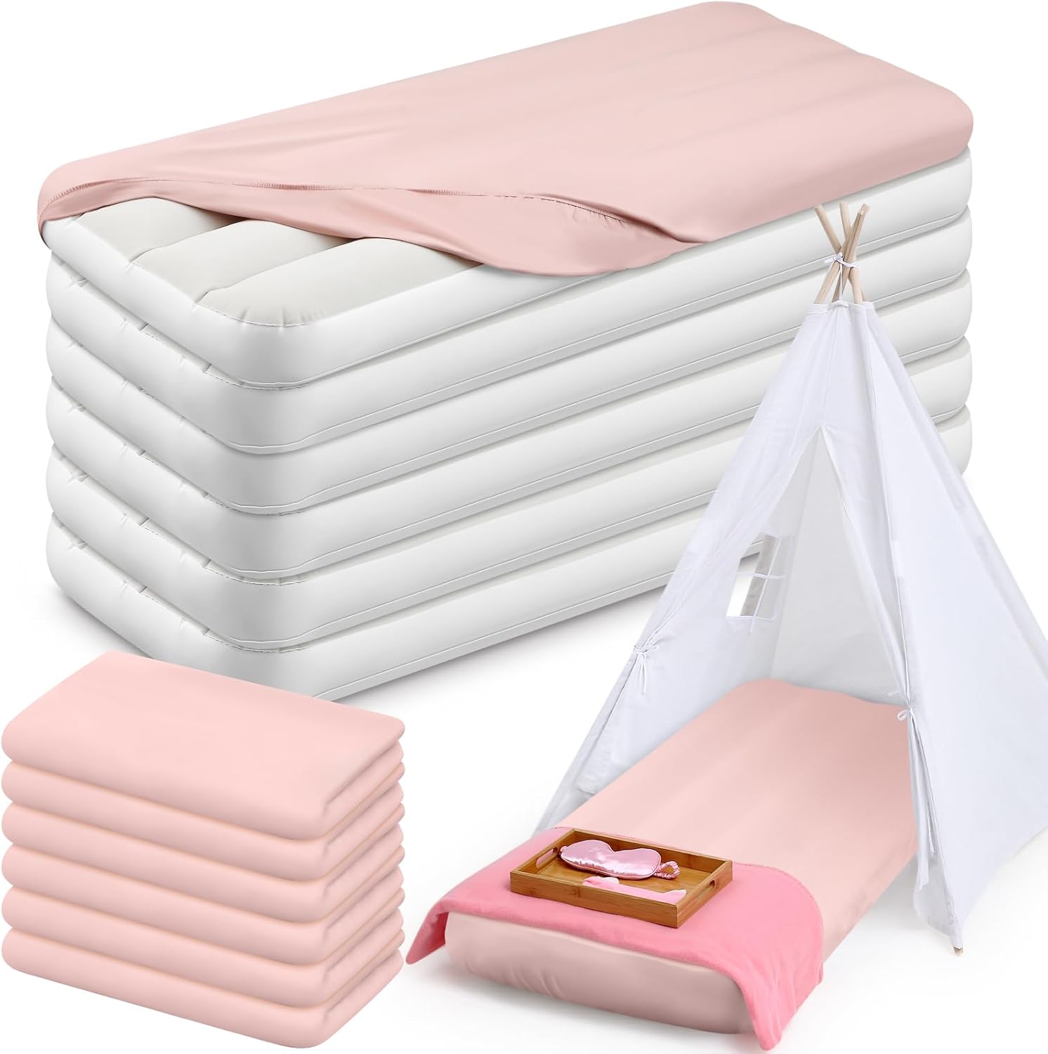 Windyun 6 Sets Kids Air Mattress Bulk with Fitted Sheet, Toddler Inflatable Bed 63 x 27 x 8 Inches Blow up Airbed Camping Sleeping Pad for Aged 3-10 Birthdays Slumber Sleepover Party (Pink)