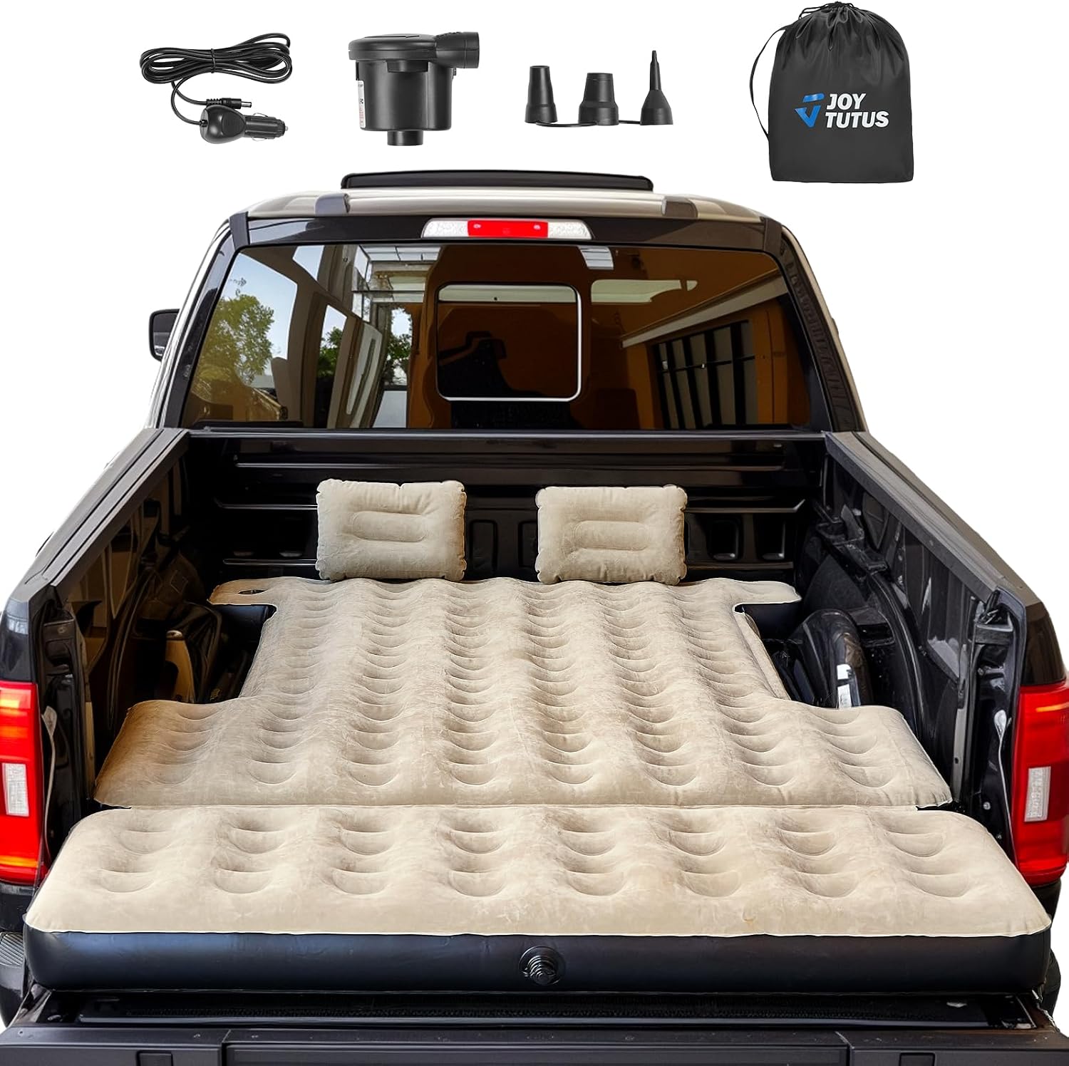 JOYTUTUS 5.5-5.8Ft Truck Bed Air Mattress with Removable Tailgate Extension,Thickened Inflatable Full Size Short Truck Beds, with Air Pump&2 Pillows,Camel&Black