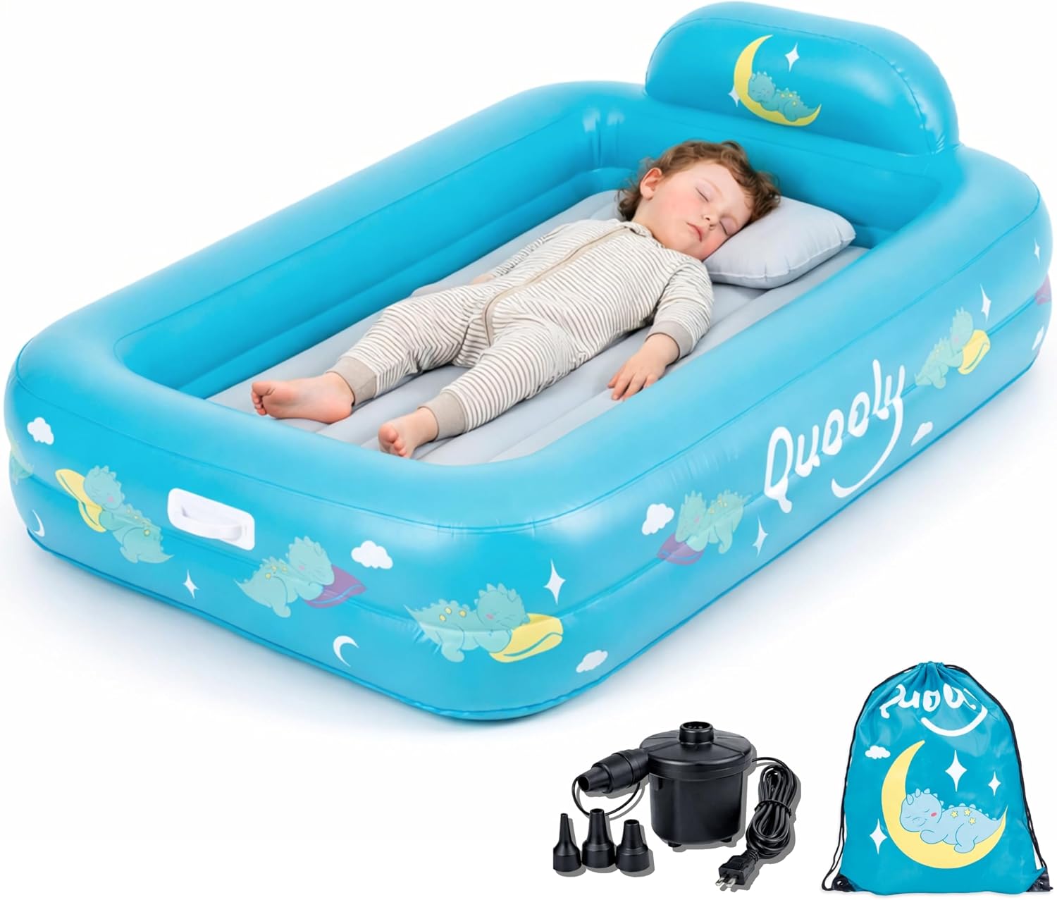 Inflatable Toddler Travel Bed with Electric Pump – Portable Toddler Bed & Toddler Air Mattress for Kids 2-7, Blow Up Bed for Camping, Travel & Sleepovers with Safety Bumpers