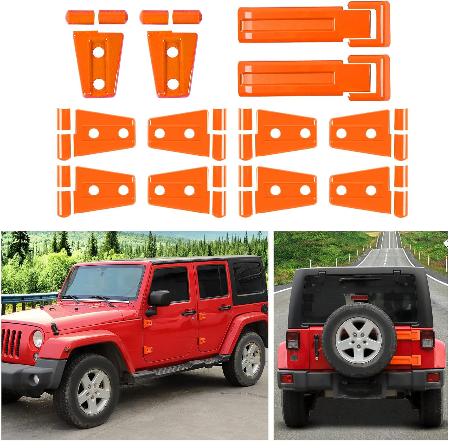 12PCS Full Set Exterior Decoration Trim Kit Compatible with 2007-2018 Jeep Wrangler JK JKU Door Hinge Engine Hood Hinge Tailgate Hinge Cover (Orange)