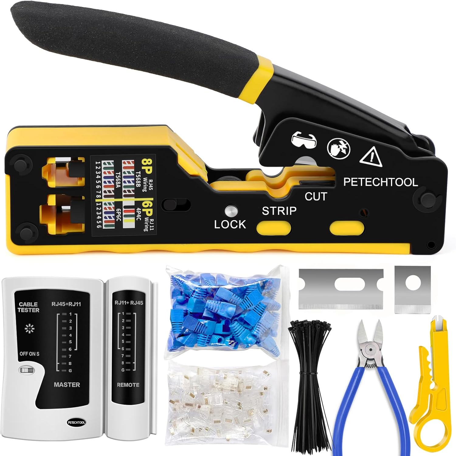 RJ45 Crimp Tool Pass Through Ethernet Crimping Tool Kit Cat6 Cat5e Cat6a RJ45 Crimper with Cable Tester, Cat6 Connectors with RJ45 Boot Covers, Mini Stripper, Blades and Cable Ties