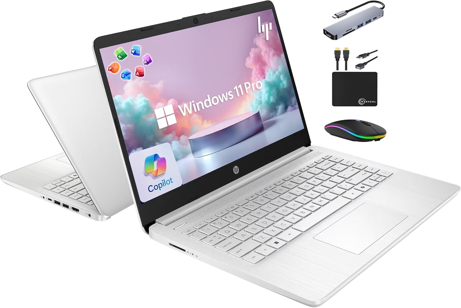 HP 14" Laptop 2025 Business Student Slim Computer, Lifetime MS Office, Copilot AI, Quad-Core Intel CPU, 16GB RAM, 628GB Storage (128GB UFS+500GB Ext), MarxsolAccessory, Wi-Fi 6, Win 11 Pro, Silver