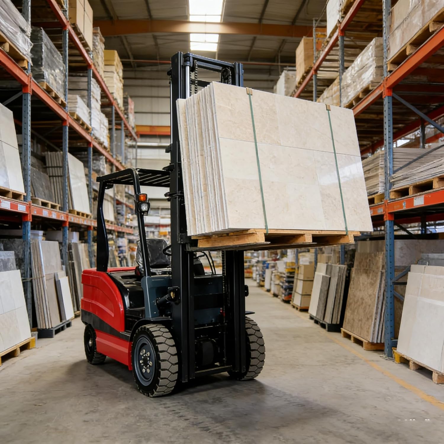 Electric Warehouse Forklift Truck for Pallet Transport and Cargo Handling, Battery Powered Lift Equipment for Industrial Storage and Logistics Centers