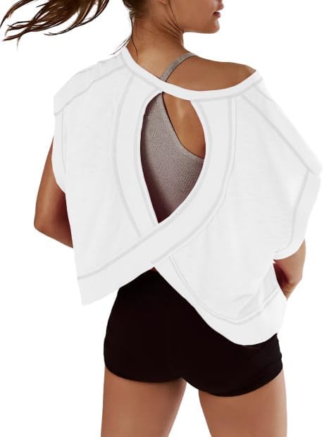Kumufenc Women Short Sleeve Workout Shirts Open Back Tops Casual Yoga Y2k Athletic Gym Slouchy Crop Running Tees