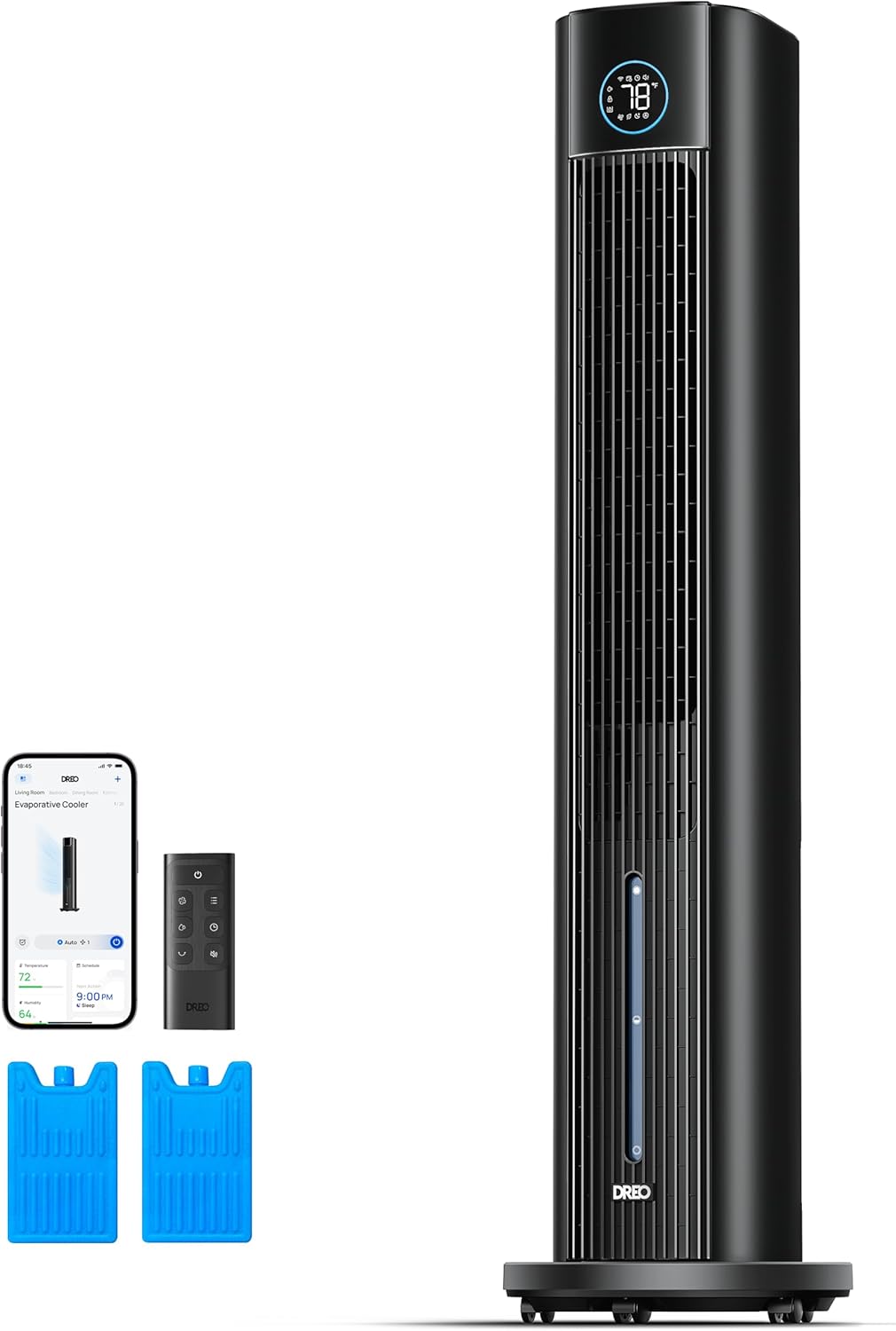 DREO Evaporative Air Swamp Cooler, 43" Cooling Fans that Blow Cold Air 2026 Upgraded, 80° Oscillating Floor Fan for Bedroom, Easy Cleaning, APP Control, Ice Packs, 4 Speeds & 4 Modes, 12H Timer, Black