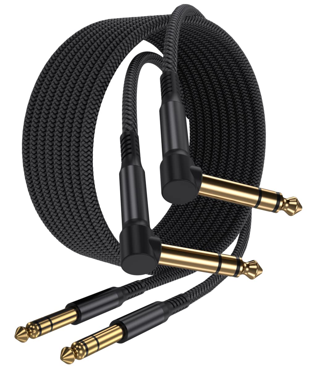 Elebase 1/4 Inch TRS Instrument Cable 10ft 2-Pack,Right-Angled to Straight 6.35mm Male Jack Stereo Audio Cord,6.35 Balanced Interconnect Line for Electric Guitar,Bass,Keyboard,Mixer,Amplifier,Speaker