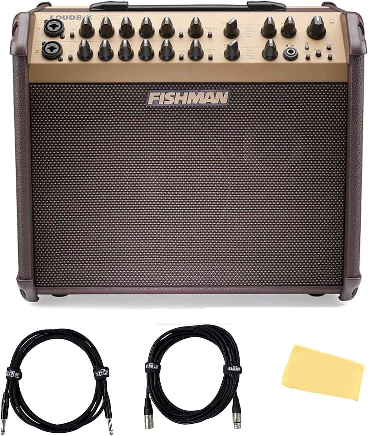 Fishman Loudbox Artist 120-Watt Acoustic Guitar Combo Amplifier Bundle with Gearlux XLR Cable, Instrument Cable, and Austin Bazaar Polishing Cloth