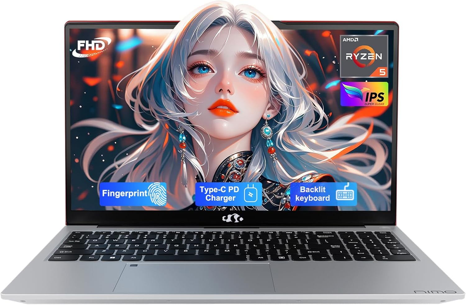 NIMO 15.6'' IPS FHD Laptop, 16GB RAM 512GB SSD AMD Ryzen 5(Beat i5-1135G7, 4 Cores Up to 3.7GHz) Student Computer with 65W Type-C, 2 Years Warranty, Fingerprint, Backlit Keyboard, BT5.2, for Home