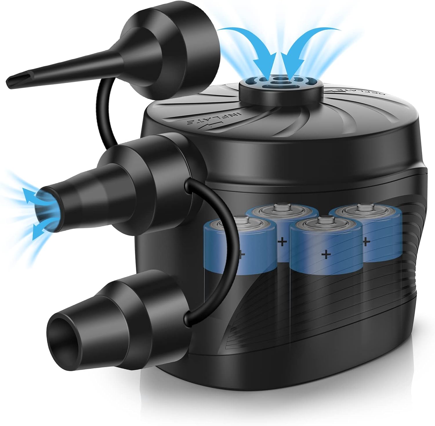 Electric Air Pump for Mattress: Battery Powered | Portable 2 in 1 Inflate Deflate with 3 Nozzles for Airbed Camping inflatables Pool Beach Toys, Quick-Fill Pump/Blow up