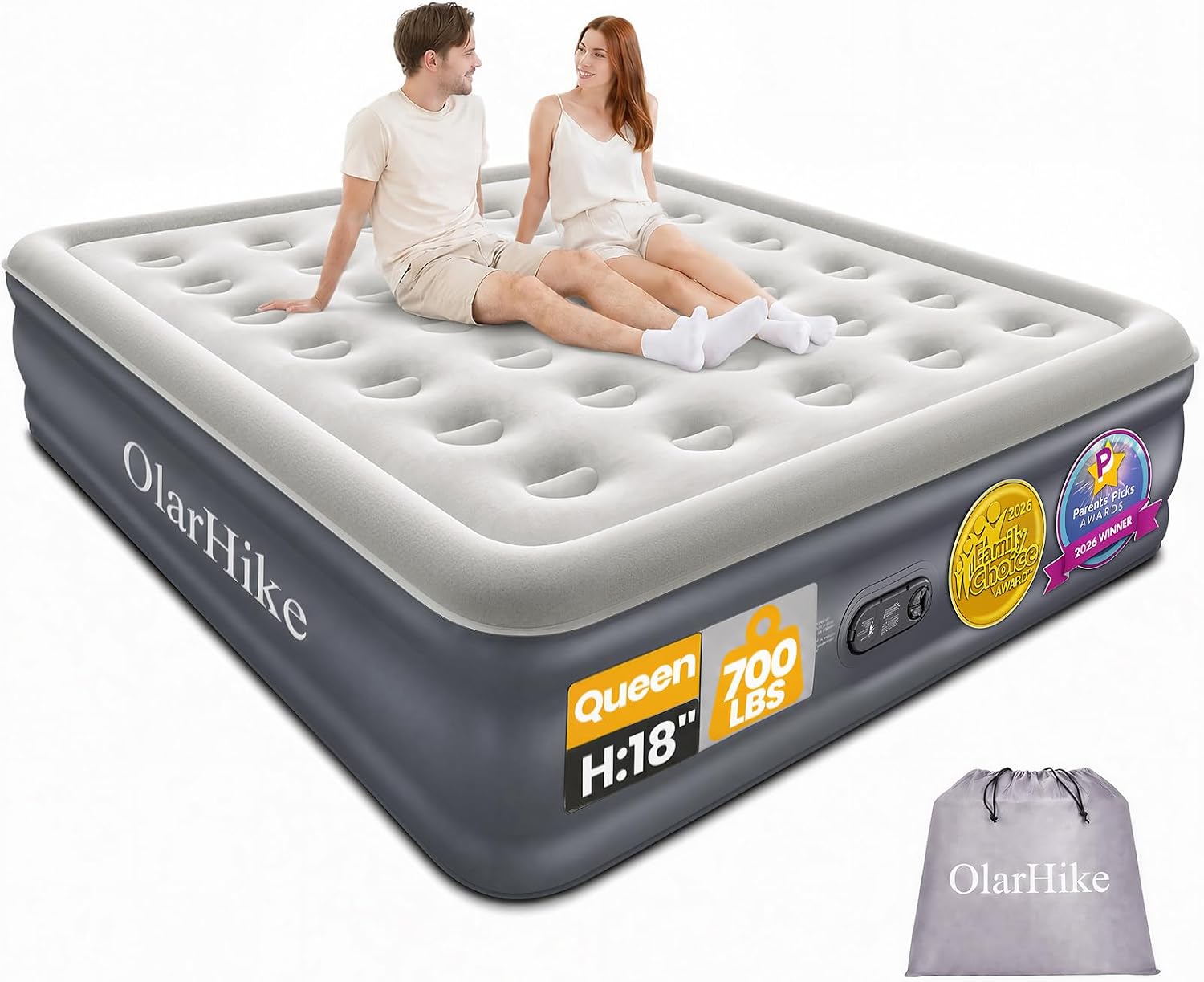 OlarHike Air Mattress Queen with Built in Pump, Inflatable Mattress Blow up Mattress, 18" Colchones Inflables Foldable Air Bed for Guest & Home, Ideal for Camping, 700lbs
