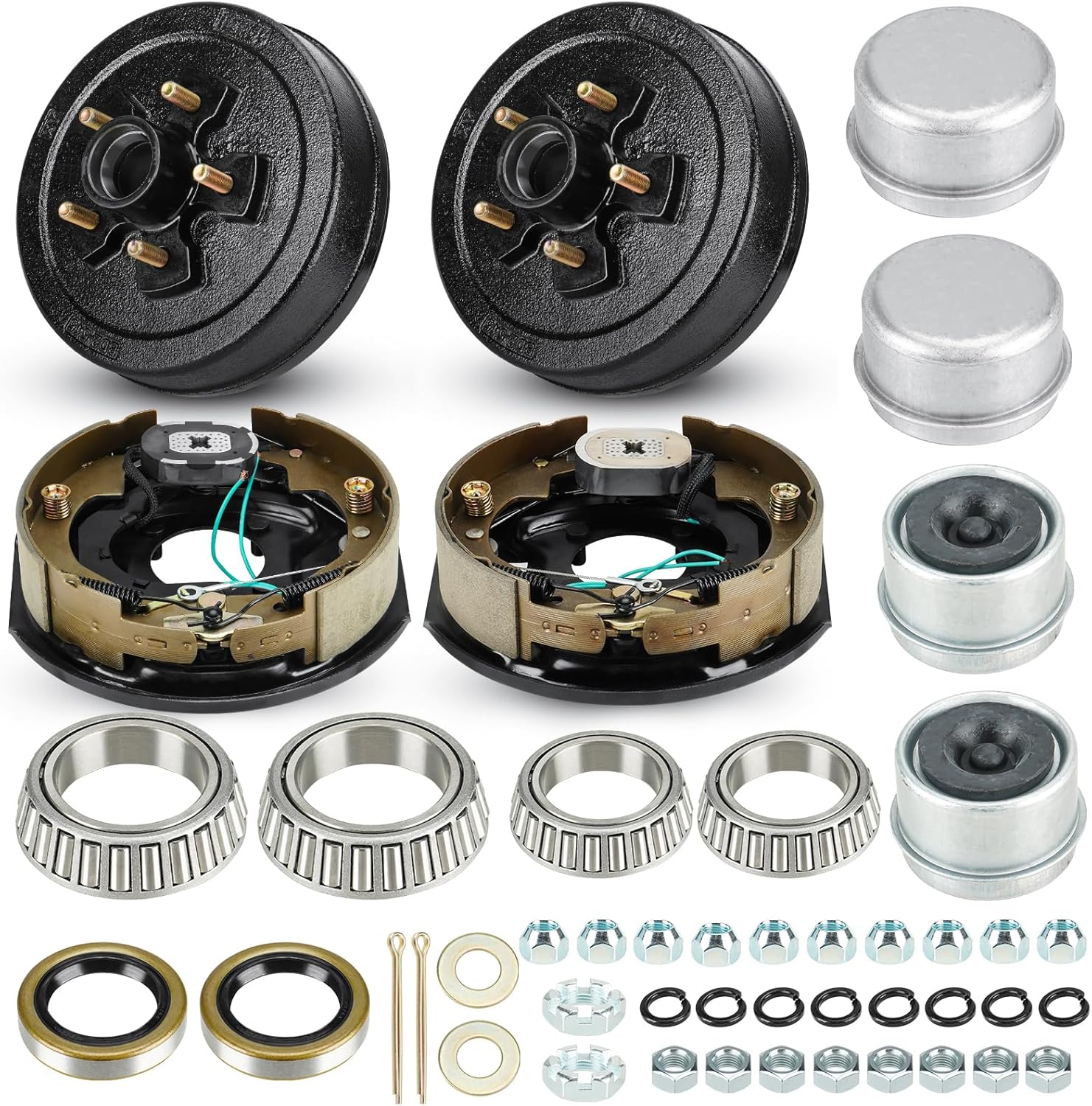 Trailer Axle Electric Brake Kit, Pair of 5-Hole, 4.5" Bolt Circle Brake Drum with 10" x 2 1/4" Self-Adjusting Electric Brakes for 3500 lb Axles, Replacement 10” Brake Hub Drum Assembly