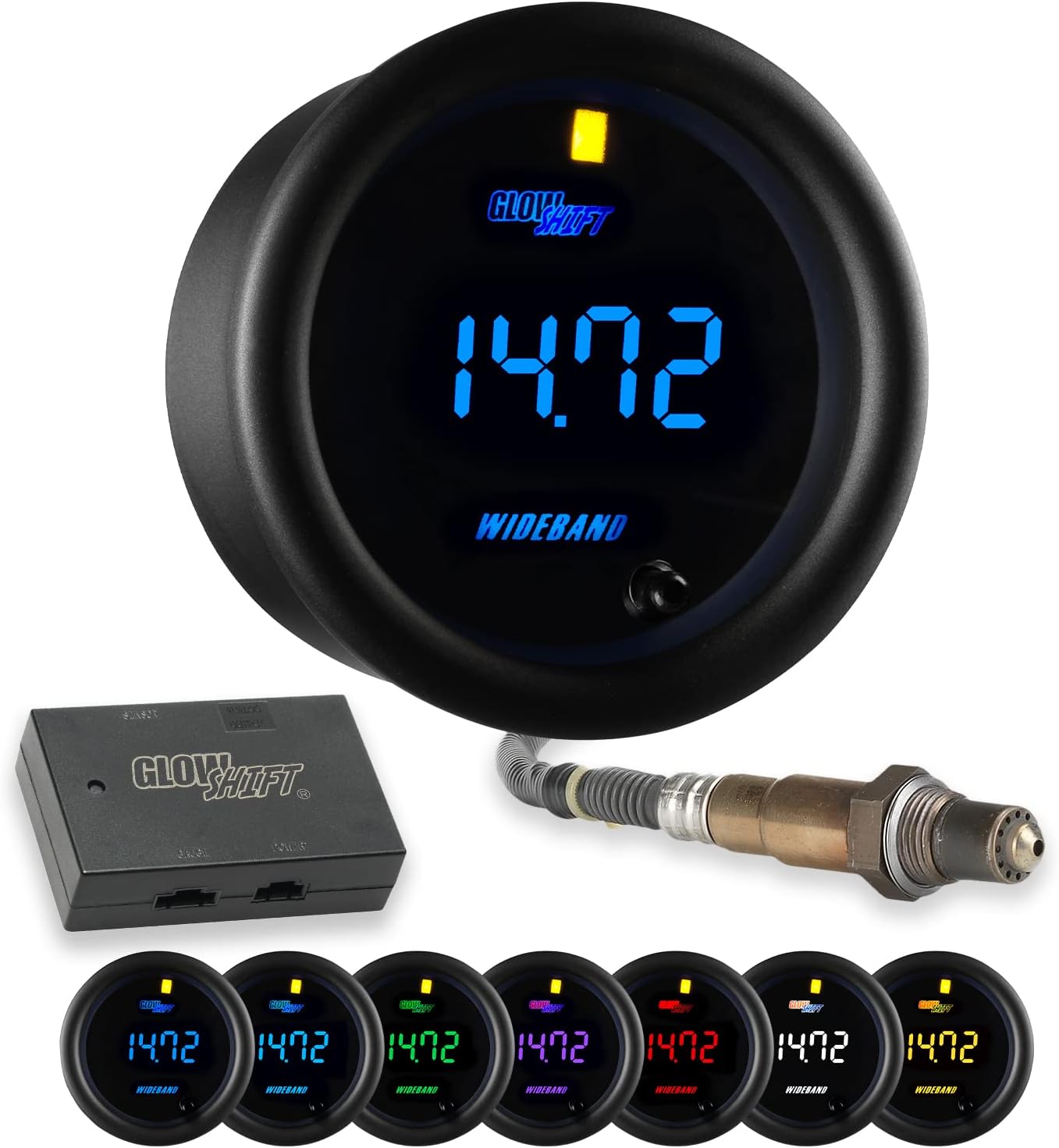GlowShift Black 7 Color Digital Wideband Air/Fuel Ratio AFR Gauge Kit - Includes Oxygen Sensor, Data Logging Output, Weld-in Bung & Wiring - Multi-Color LED Display - Clear Lens - 2-1/16" 52mm