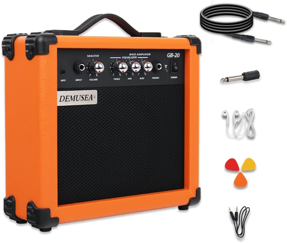 20W Electric Bass Guitar Amplifier Orange Bass Amp Portable Travel Mini Practice Amp Headphone Jack Aux Treble Middle Bass MP3 with 3m Noiseless Cable Adapter Picks Earphone Aux Cable in