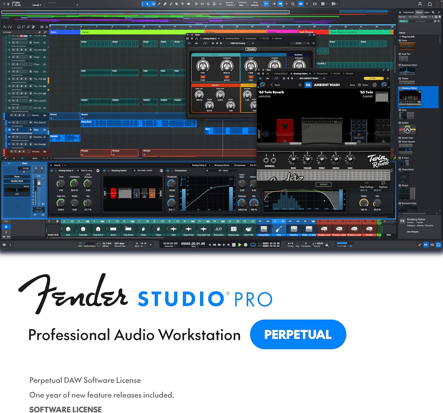 Fender Studio Pro Perpetual License | Full Music Production Software, Digital Audio Workstation, Guitar Recording Software, Fender Amp Modeling, Audio-to-MIDI Tools, Mix & Master, Unlimited Tracks