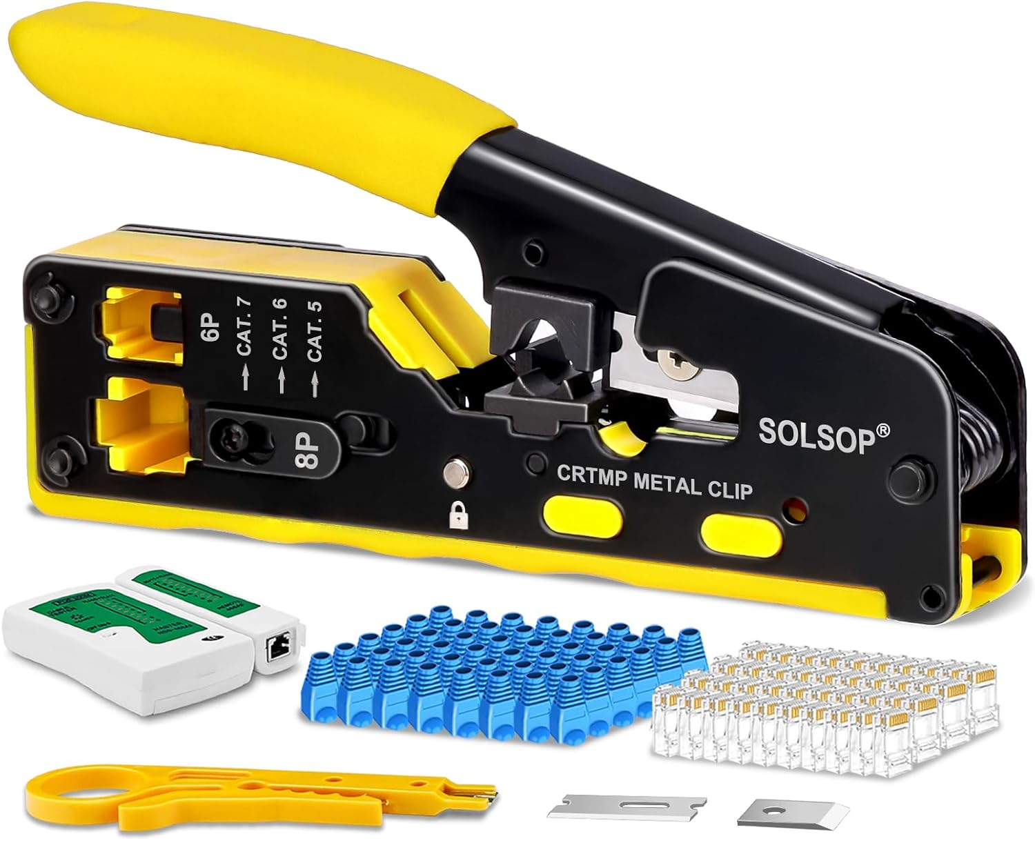 Pass Through RJ45 Crimp Tool Kit All-in-One Ethernet Crimper Cat7 Cat6 Cat5 Crimping Tool with Network Cable Tester, 50-Pack Cat6 RJ45 Pass Through Connector, 50-Pack Connector Boots