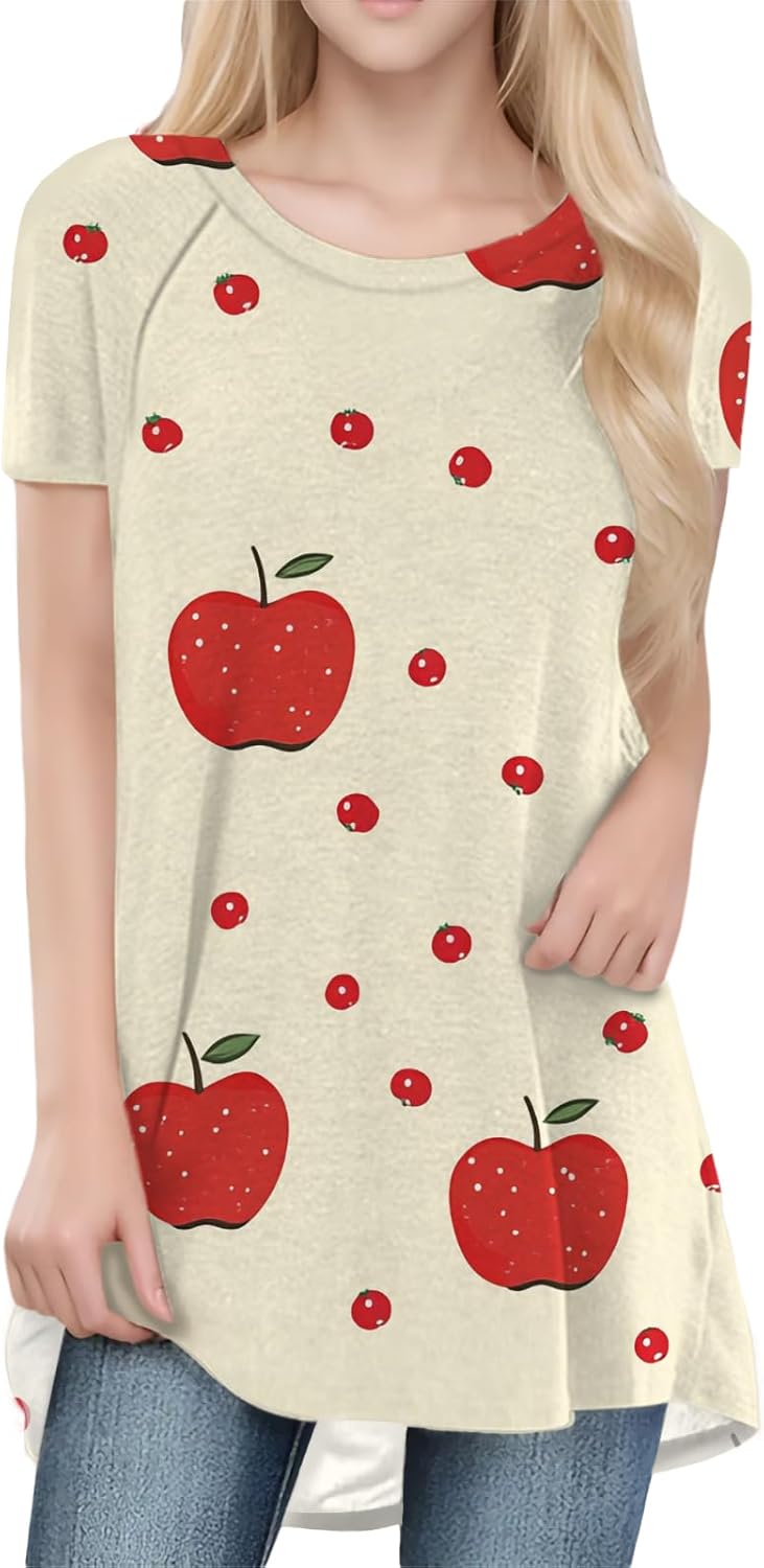 Tunic Tops for Women Casual Crewneck Floral Print Swing T Shirts Trendy Short Sleeve Lightweight Blouse