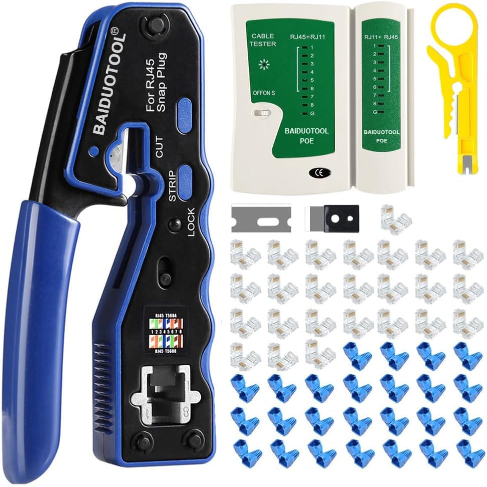 RJ45 Crimp Tool Kit Pass Through Crimper Cutter for Cat5 Cat5e Cat6 Cat6a 8P8C Modular Connector All-In-One Cat6 Crimping tool Etrhernet Crimper Tool and Tester(9V Battery Not Included)
