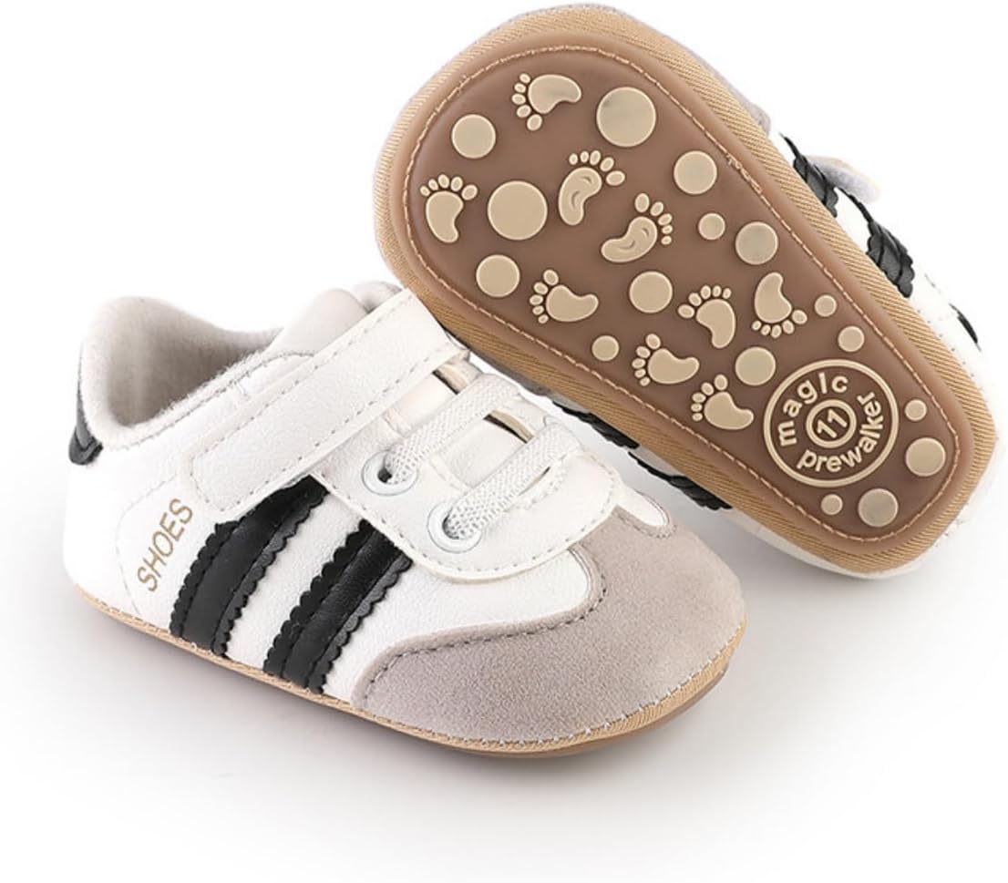 Newbron Baby Boys Girls Retro Sneakers Pu Leather Rubber Sole Walking Shoes Toddler Non-Slip First Walkers Infant Slippers Crib Shoes